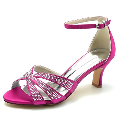 Gycdwjh Elegante Hochzeitsfeier Abend Shoes 6,5 cm Mittlerer Absatz Damen Satin Strasskätzchen Kätzchen Absätze Sandalen Peeptoe,Rose red,43 EU von Gycdwjh