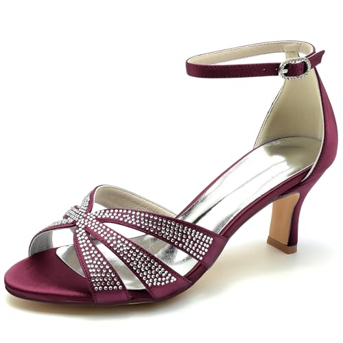 Gycdwjh Elegante Hochzeitsfeier Abend Shoes 6,5 cm Mittlerer Absatz Damen Satin Strasskätzchen Kätzchen Absätze Sandalen Peeptoe,Wine red,37 EU von Gycdwjh