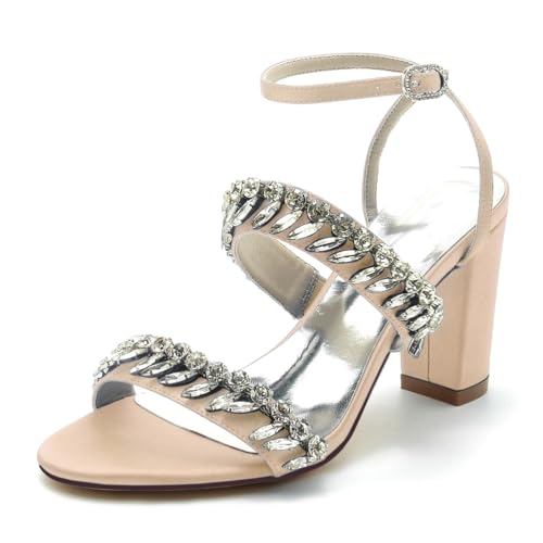 Gycdwjh Elegante Open Top Sandalen mit Strass und hohen Absätzen 8.5cm Crossover-Knöchelriemen Satin Party Tanz Abschlussball Kleid Schuhe,Champagne,40 EU von Gycdwjh
