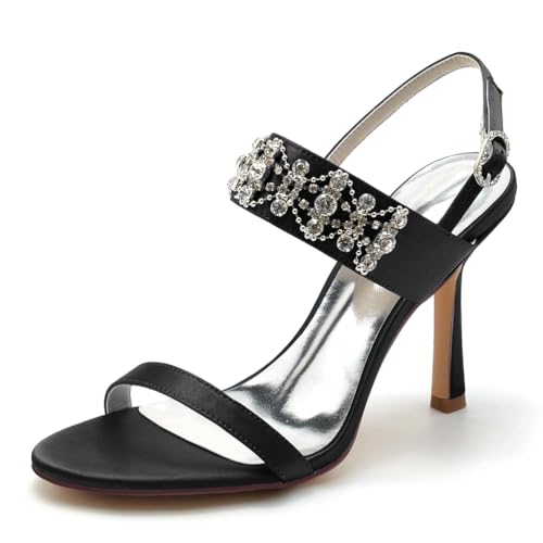 Gycdwjh Elegante Open Top Sandalen mit Strass und hohen Absätzen 9.5cm Satin Party Tanz Abschlussball Kleid Schuhe,Schwarz,39 EU von Gycdwjh