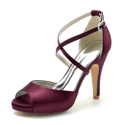 Gycdwjh Fischmaul Hochzeitsschuhe Brautschuhe Damen Satin Peep Zehen Plateau Sandalen Cross Knöchelriemen Absatzschuhe mit Pfennigabsatz 10CM,Burgundy,40 EU von Gycdwjh