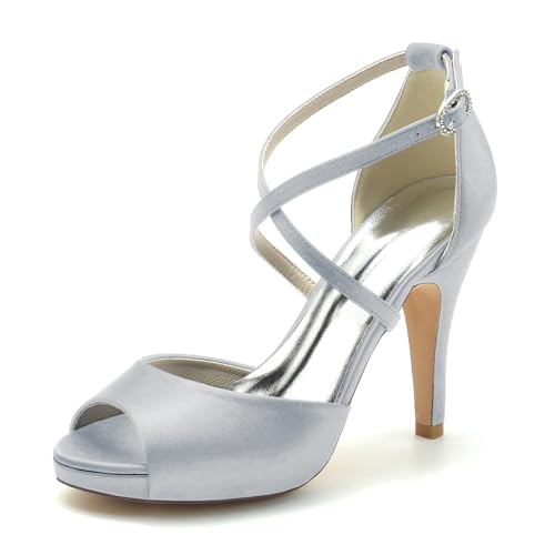 Gycdwjh Fischmaul Hochzeitsschuhe Brautschuhe Damen Satin Peep Zehen Plateau Sandalen Cross Knöchelriemen Absatzschuhe mit Pfennigabsatz 10CM,Silber,41 EU von Gycdwjh
