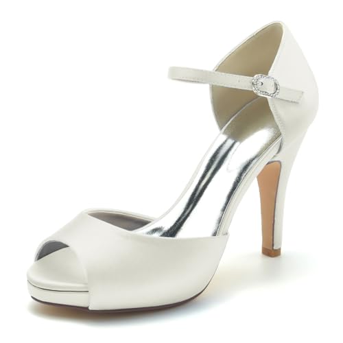 Gycdwjh Fischmaul Hochzeitsschuhe Brautschuhe Damen Satin Peep Zehen Plateau Sandalen Knöchelriemen Absatzschuhe mit Pfennigabsatz 10CM,Elfenbein,41 EU von Gycdwjh