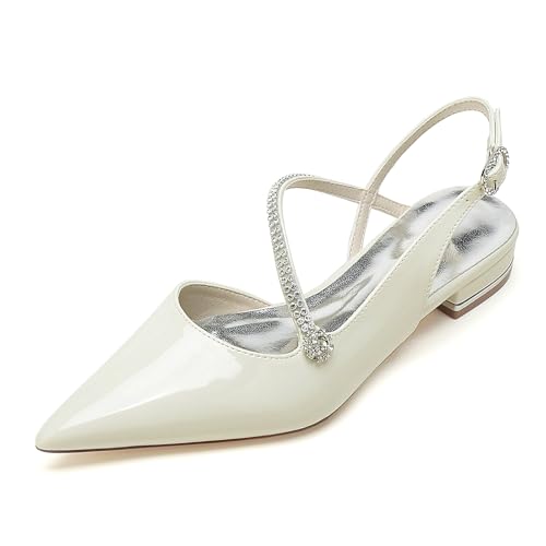 Gycdwjh Frauen Slingback Brautschuhe Flache Spitz Zehen Patent Leather Prom Party Hochzeitsschuhe Slip Auf Ballerinas mit Strass,Off White,37 EU von Gycdwjh