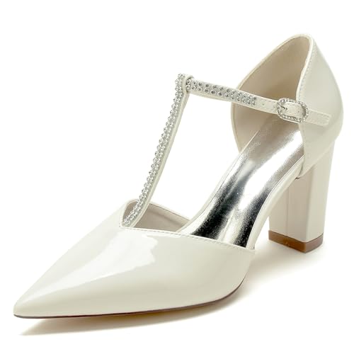 Gycdwjh Hochwertige Sandalen für Damen Elegante High Heels Brautschuhe Patent Leather Spitzem Knöchelriemen mit Blockabsatz und Strasssteinen,Off White,43 EU von Gycdwjh