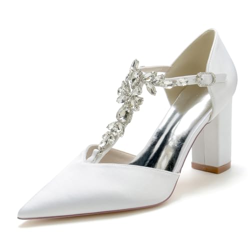 Gycdwjh Hochwertige Sandalen für Damen Elegante High Heels Brautschuhe Satin Spitzem T-Riemen Knöchelriemen mit Blockabsatz und Strasssteinen,Weiß,42 EU Gycdwjh Hochwertige Sandalen für Damen Elegante High Heels Brautschuhe Satin Spitzem T-Riemen Knöchelriemen mit Blockabsatz und Strasssteinen,Weiß,42 EU von Gycdwjh