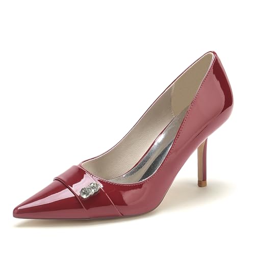 Gycdwjh Hochzeit Heels Frauen Pumps Patent Leather Sommer Sandaletten Slip-on Dress Glitzer Pfennigabsatz 8.5cm,Burgundy,40 EU von Gycdwjh