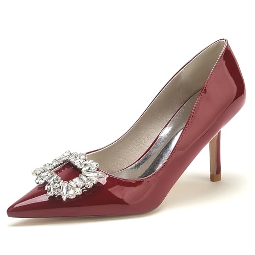 Gycdwjh Hochzeit Heels Frauen Pumps Patent Leather Sommer Sandaletten Slip-on Strasssteine Dress Glitzer Pfennigabsatz 8.5cm,Burgundy,36 EU von Gycdwjh
