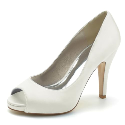 Gycdwjh Hochzeitsschuhe Brautschuhe Damen Satin Peep Zehen Plateau Sandalen Slip On Absatzschuhe mit Pfennigabsatz 10CM,Elfenbein,38 EU von Gycdwjh