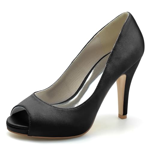 Gycdwjh Hochzeitsschuhe Brautschuhe Damen Satin Peep Zehen Plateau Sandalen Slip On Absatzschuhe mit Pfennigabsatz 10CM,Schwarz,40 EU von Gycdwjh