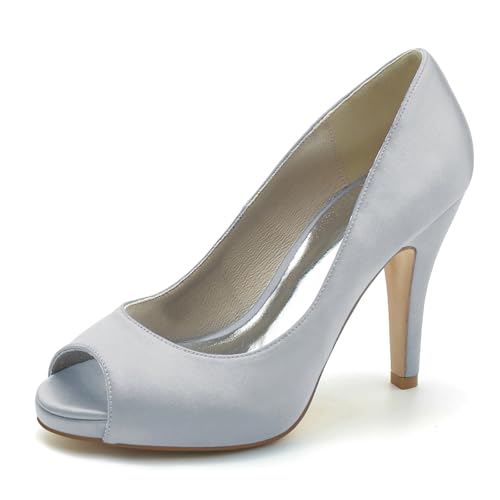 Gycdwjh Hochzeitsschuhe Brautschuhe Damen Satin Peep Zehen Plateau Sandalen Slip On Absatzschuhe mit Pfennigabsatz 10CM,Silber,40 EU von Gycdwjh