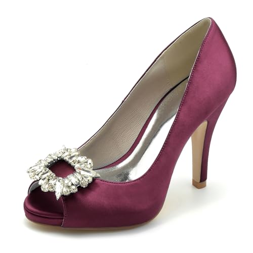 Gycdwjh Hochzeitsschuhe Damen 10cm Peep Toe Abschlussball Party Kleid Pumps Sandalen Slip On Kristall-Satin Braut Sommer Absatz,Burgundy,38 EU von Gycdwjh