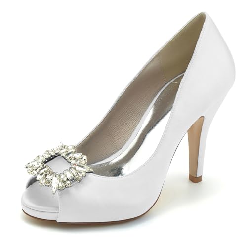 Gycdwjh Hochzeitsschuhe Damen 10cm Peep Toe Abschlussball Party Kleid Pumps Sandalen Slip On Kristall-Satin Braut Sommer Absatz,Weiß,37 EU von Gycdwjh