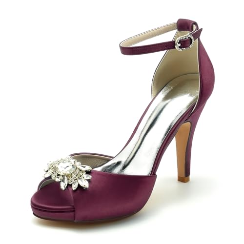Gycdwjh Hochzeitsschuhe Damen Fischmaul Knöchelriemen Pumps Mit Absatz Satin Peeptoes High Heels Partei Abendschuhe mit Strasssteine Brautschuhe 10cm,Burgundy,36 EU von Gycdwjh