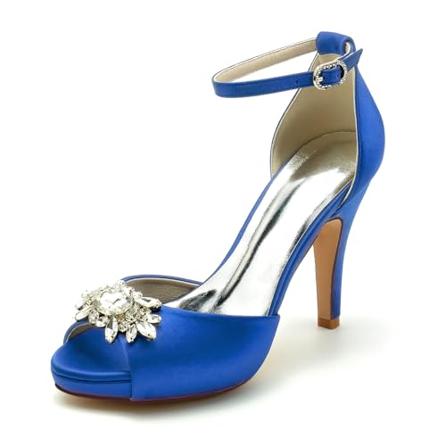 Gycdwjh Hochzeitsschuhe Damen Fischmaul Knöchelriemen Pumps Mit Absatz Satin Peeptoes High Heels Partei Abendschuhe mit Strasssteine Brautschuhe 10cm,Royal Blue,42 EU von Gycdwjh