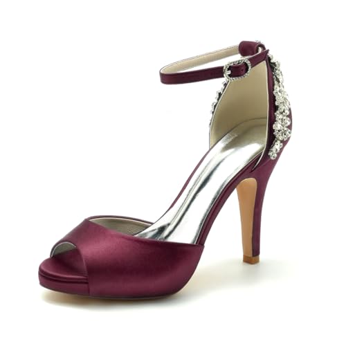 Gycdwjh Hochzeitsschuhe Damen Knöchelriemen Pumps Mit Absatz Satin Peeptoes High Heels Partei Abendschuhe mit Strasssteine Brautschuhe 10cm,Burgundy,36 EU von Gycdwjh