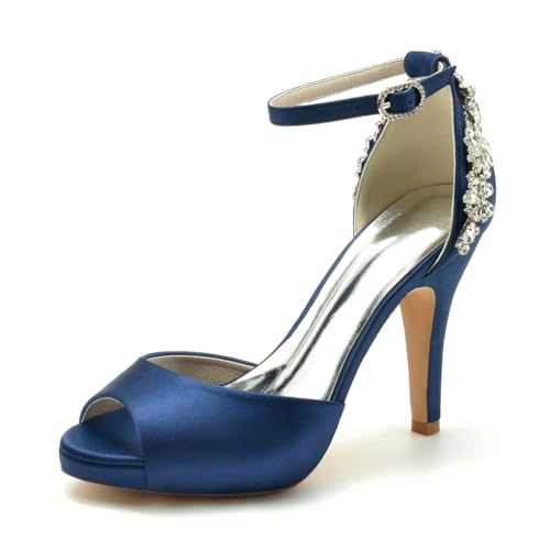 Gycdwjh Hochzeitsschuhe Damen Knöchelriemen Pumps Mit Absatz Satin Peeptoes High Heels Partei Abendschuhe mit Strasssteine Brautschuhe 10cm,Dark Blue,37 EU von Gycdwjh