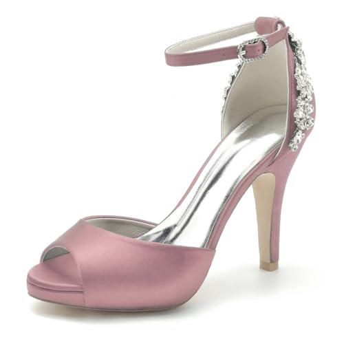 Gycdwjh Hochzeitsschuhe Damen Knöchelriemen Pumps Mit Absatz Satin Peeptoes High Heels Partei Abendschuhe mit Strasssteine Brautschuhe 10cm,Fleur pink,40 EU von Gycdwjh