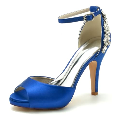 Gycdwjh Hochzeitsschuhe Damen Knöchelriemen Pumps Mit Absatz Satin Peeptoes High Heels Partei Abendschuhe mit Strasssteine Brautschuhe 10cm,Royal Blue,39 EU von Gycdwjh