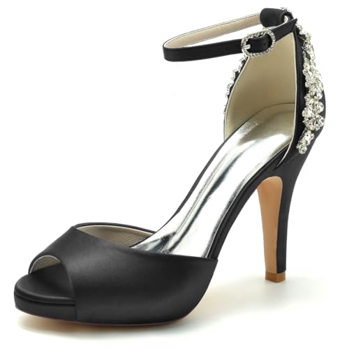Gycdwjh Hochzeitsschuhe Damen Knöchelriemen Pumps Mit Absatz Satin Peeptoes High Heels Partei Abendschuhe mit Strasssteine Brautschuhe 10cm,Schwarz,37 EU von Gycdwjh
