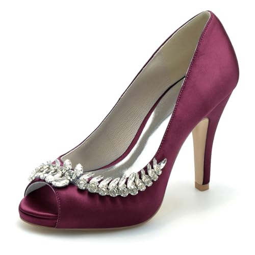 Gycdwjh Hochzeitsschuhe Damen Pumps Mit Absatz Satin Peeptoes High Heels Partei Abendschuhe mit Strasssteine Brautschuhe 10 cm Stilettoabsatz,Burgundy,40 EU von Gycdwjh