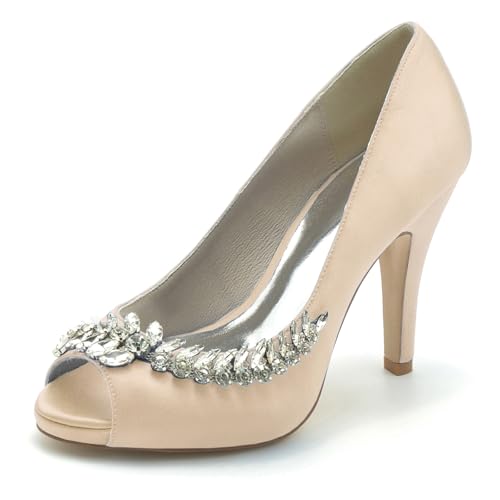 Gycdwjh Hochzeitsschuhe Damen Pumps Mit Absatz Satin Peeptoes High Heels Partei Abendschuhe mit Strasssteine Brautschuhe 10 cm Stilettoabsatz,Champagne,40 EU von Gycdwjh