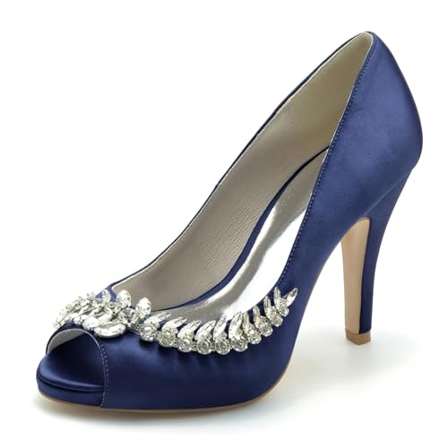 Gycdwjh Hochzeitsschuhe Damen Pumps Mit Absatz Satin Peeptoes High Heels Partei Abendschuhe mit Strasssteine Brautschuhe 10 cm Stilettoabsatz,Dark Blue,42 EU von Gycdwjh