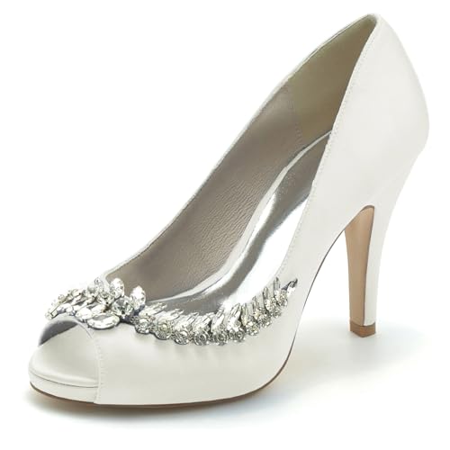 Gycdwjh Hochzeitsschuhe Damen Pumps Mit Absatz Satin Peeptoes High Heels Partei Abendschuhe mit Strasssteine Brautschuhe 10 cm Stilettoabsatz,Elfenbein,39 EU von Gycdwjh