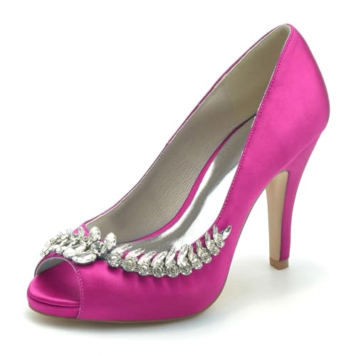 Gycdwjh Hochzeitsschuhe Damen Pumps Mit Absatz Satin Peeptoes High Heels Partei Abendschuhe mit Strasssteine Brautschuhe 10 cm Stilettoabsatz,Rose red,37 EU von Gycdwjh