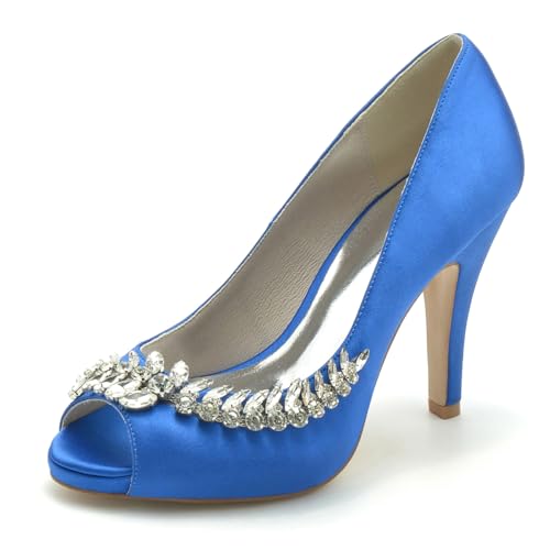 Gycdwjh Hochzeitsschuhe Damen Pumps Mit Absatz Satin Peeptoes High Heels Partei Abendschuhe mit Strasssteine Brautschuhe 10 cm Stilettoabsatz,Royal Blue,42 EU von Gycdwjh