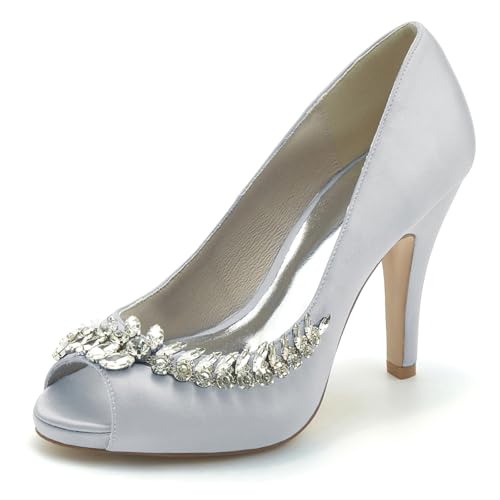 Gycdwjh Hochzeitsschuhe Damen Pumps Mit Absatz Satin Peeptoes High Heels Partei Abendschuhe mit Strasssteine Brautschuhe 10 cm Stilettoabsatz,Silber,38 EU von Gycdwjh