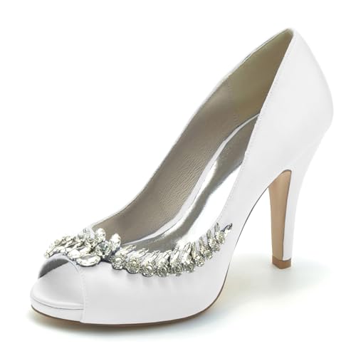 Gycdwjh Hochzeitsschuhe Damen Pumps Mit Absatz Satin Peeptoes High Heels Partei Abendschuhe mit Strasssteine Brautschuhe 10 cm Stilettoabsatz,Weiß,42 EU von Gycdwjh