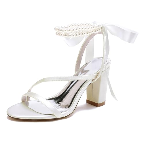 Gycdwjh Hochzeitsschuhe Sandalen Brautschuhe mit Perlen Damen Riemchenpumps Blockabsatz High Heels mit Breiten Absätzen Hoher Absatz,Elfenbein,38 EU von Gycdwjh