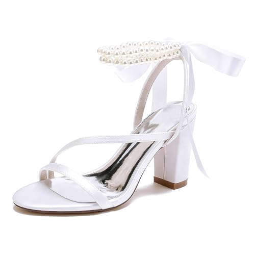 Gycdwjh Hochzeitsschuhe Sandalen Brautschuhe mit Perlen Damen Riemchenpumps Blockabsatz High Heels mit Breiten Absätzen Hoher Absatz,Weiß,39 EU von Gycdwjh