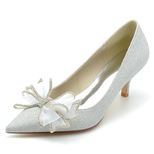 Gycdwjh Hochzeitsschuhe mit Schleifen Damen Pumps Schuhe 6Cm Bridal Pointed Toe Kleid Slip on Stiletto High Heels mit Abend,Silber,39 EU von Gycdwjh