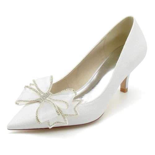 Gycdwjh Hochzeitsschuhe mit Schleifen Damen Pumps Schuhe 6Cm Bridal Pointed Toe Kleid Slip on Stiletto High Heels mit Abend,Weiß,41 EU von Gycdwjh