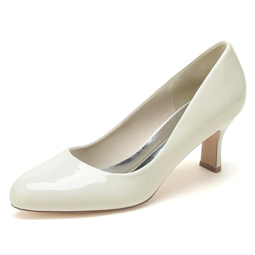 Gycdwjh Klassisch Damen Hochzeitsschuhe 6.5cm Kitten Heels Patent Leather Runde Zehe Slip Auf Brautschuhe Ballerinas Abendschuhe Für Partei,Off White,39 EU von Gycdwjh