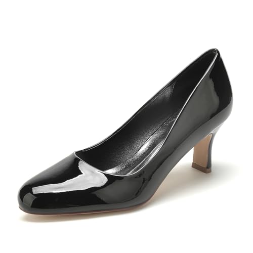 Gycdwjh Klassisch Damen Hochzeitsschuhe 6.5cm Kitten Heels Patent Leather Runde Zehe Slip Auf Brautschuhe Ballerinas Abendschuhe Für Partei,Schwarz,40 EU von Gycdwjh