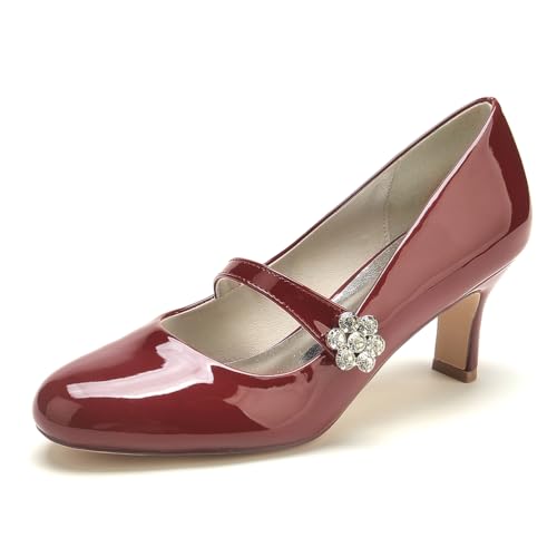 Gycdwjh Klassisch Damen Hochzeitsschuhe Schnallenverschluss Kitten Heels Patent Leather Runde Zehe Slip Auf Brautschuhe Ballerinas Abendschuhe Für Partei,Burgundy,36 EU von Gycdwjh