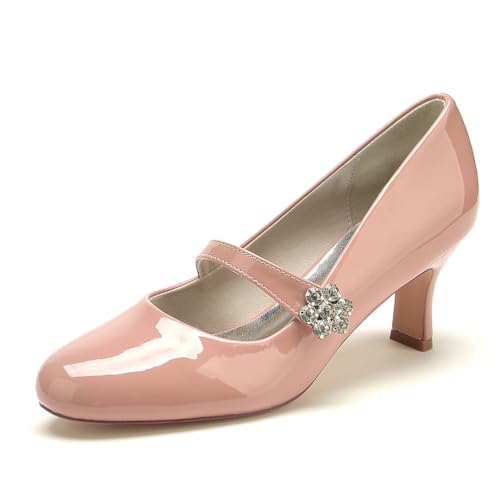Gycdwjh Klassisch Damen Hochzeitsschuhe Schnallenverschluss Kitten Heels Patent Leather Runde Zehe Slip Auf Brautschuhe Ballerinas Abendschuhe Für Partei,Nude pink,43 EU von Gycdwjh