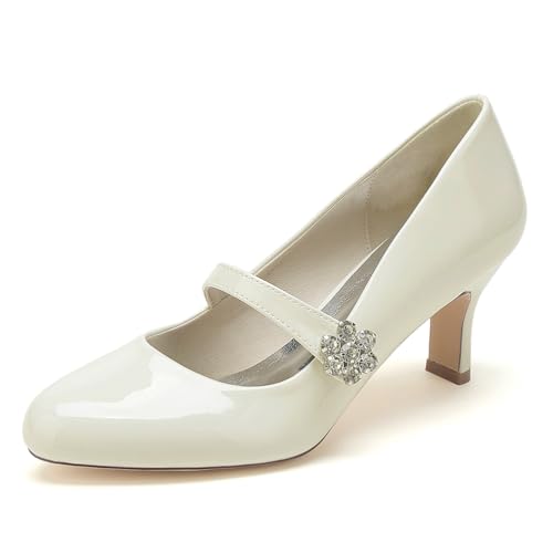 Gycdwjh Klassisch Damen Hochzeitsschuhe Schnallenverschluss Kitten Heels Patent Leather Runde Zehe Slip Auf Brautschuhe Ballerinas Abendschuhe Für Partei,Off White,37 EU von Gycdwjh