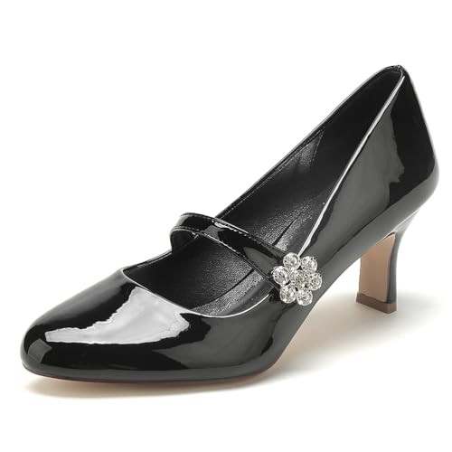 Gycdwjh Klassisch Damen Hochzeitsschuhe Schnallenverschluss Kitten Heels Patent Leather Runde Zehe Slip Auf Brautschuhe Ballerinas Abendschuhe Für Partei,Schwarz,37 EU von Gycdwjh