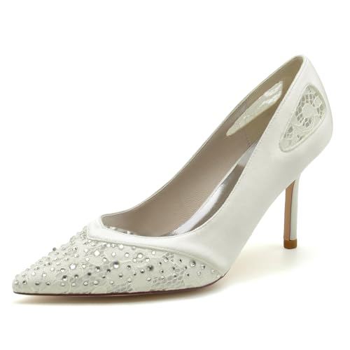 Gycdwjh Mode Damen Slip On Spitze Zehen Stöckel Absatz Sandalen Spitze Strasssteine Satin Braut Pumps Strasssteine Abschlussball Schuhe 8.5cm,Elfenbein,41 EU von Gycdwjh