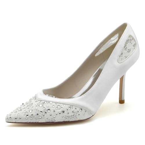 Gycdwjh Mode Damen Slip On Spitze Zehen Stöckel Absatz Sandalen Spitze Strasssteine Satin Braut Pumps Strasssteine Abschlussball Schuhe 8.5cm,Weiß,42 EU von Gycdwjh