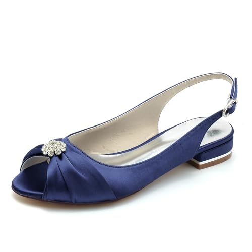 Gycdwjh Sandalen für Hochzeit Flach 2.5cm Ballerinas Strasssteine Damen Slip-on Satin Braut Flache Schuhe Slingback Pointed Toe Hochzeit Kleid Schuhe,Dark Blue,41 EU von Gycdwjh