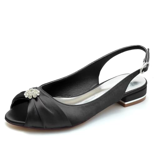 Gycdwjh Sandalen für Hochzeit Flach 2.5cm Ballerinas Strasssteine Damen Slip-on Satin Braut Flache Schuhe Slingback Pointed Toe Hochzeit Kleid Schuhe,Schwarz,40 EU von Gycdwjh