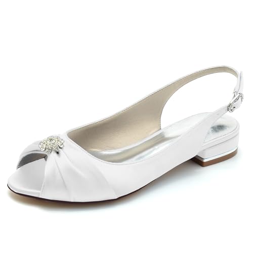 Gycdwjh Sandalen für Hochzeit Flach 2.5cm Ballerinas Strasssteine Damen Slip-on Satin Braut Flache Schuhe Slingback Pointed Toe Hochzeit Kleid Schuhe,Weiß,42 EU von Gycdwjh