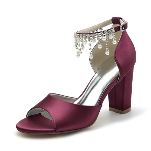 Gycdwjh Satin Hochzeitsschuhe Für Braut Sandalen Blockabsatz High Heel Für Hochzeit Abend mit Sommer-Fußkette mit Perlen und Strass Pointed Toe Pumps,Burgundy,42 EU von Gycdwjh