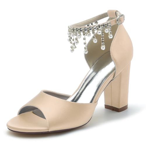 Gycdwjh Satin Hochzeitsschuhe Für Braut Sandalen Blockabsatz High Heel Für Hochzeit Abend mit Sommer-Fußkette mit Perlen und Strass Pointed Toe Pumps,Champagne,43 EU von Gycdwjh