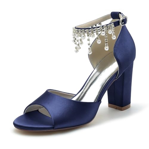 Gycdwjh Satin Hochzeitsschuhe Für Braut Sandalen Blockabsatz High Heel Für Hochzeit Abend mit Sommer-Fußkette mit Perlen und Strass Pointed Toe Pumps,Dark Blue,40 EU von Gycdwjh